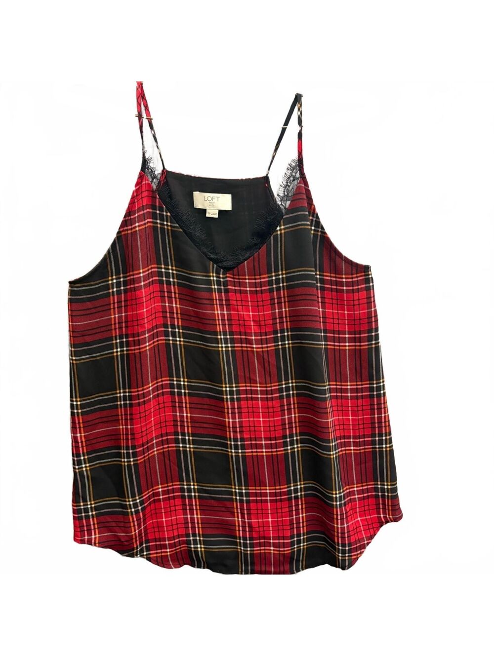 LOFT Lace Trim Camisole Tank Top Size Small Petite Plaid Red Black Tartan